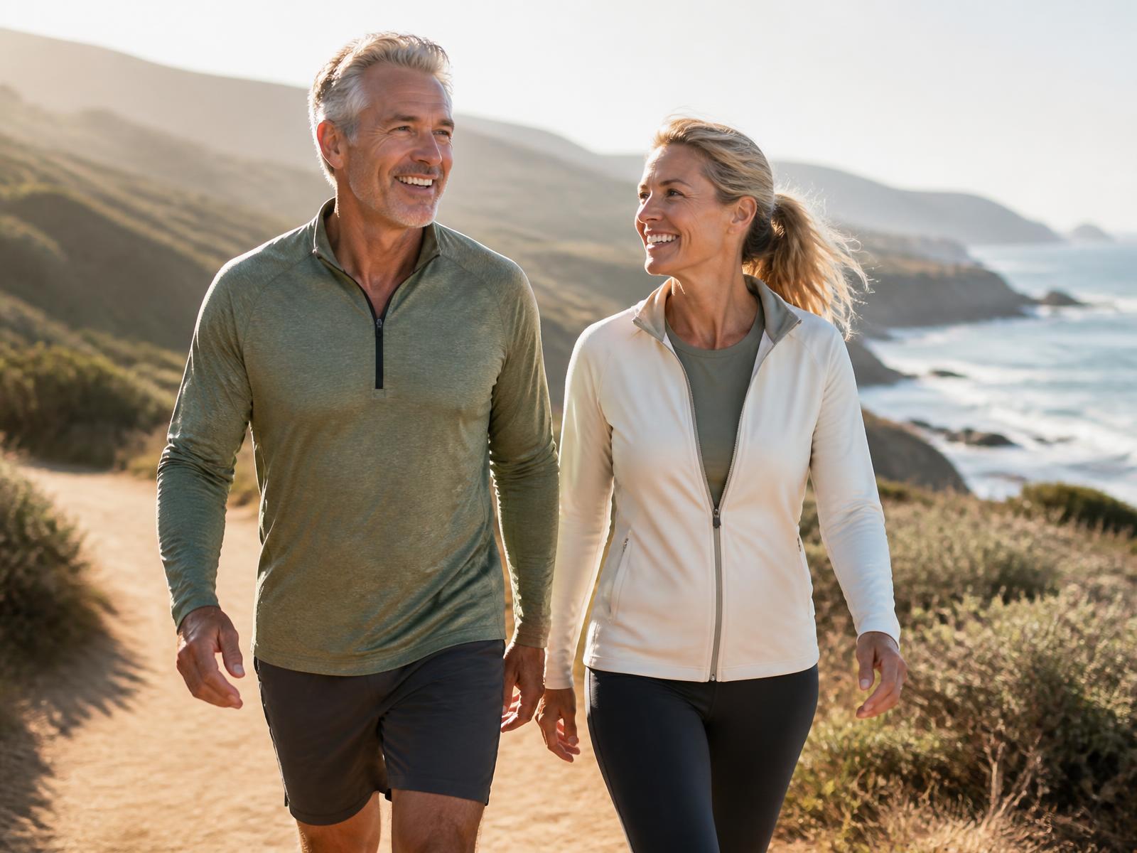 An active couple in their sixties walking together along a sunlit coastal trail